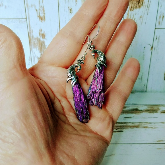 Rainbow Aura Kyanite Peacock Sterling Earrings - Picture 5 of 6